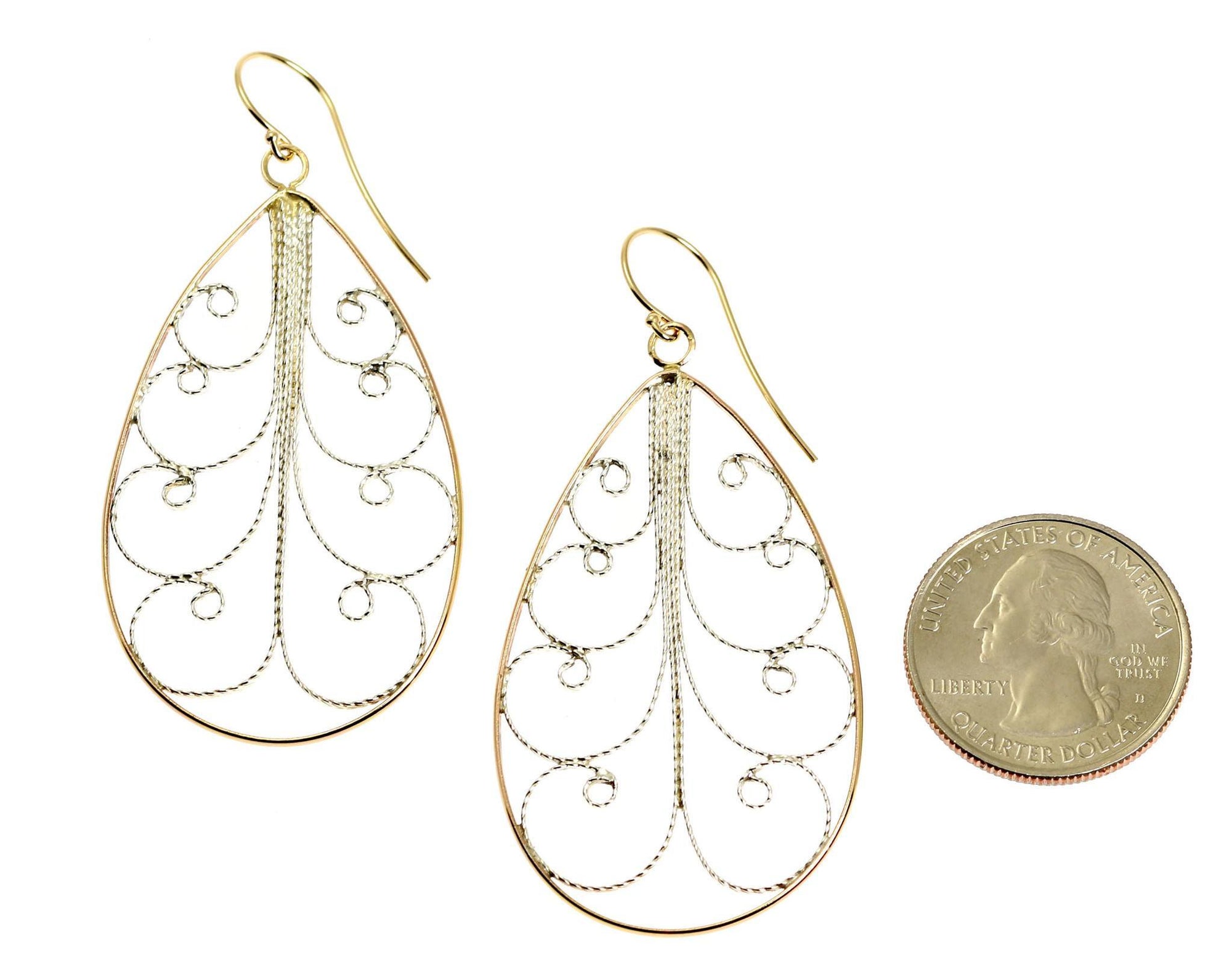 Size of Large 18K Gold Filigree Teardrop Earrings compared to a US Quarter Coin
