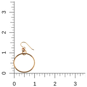 5 of 8: Single 1 inch chased bronze hoop earring displayed beside an inch ruler for scale. The earring measures about 1 3/4 inches long from the top of the bronze French ear wire to the bottom of the hoop, while the round chased bronze hoop measures about 1 inch wide.