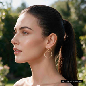 6 of 8: AI generated female model with dark hair pulled into a ponytail wearing a 1 inch hammered bronze hoop earring outdoors. The polished bronze hoop hangs from a French ear wire and stands out against her skin and dark hair, showing the earring's proportion and understated everyday look.