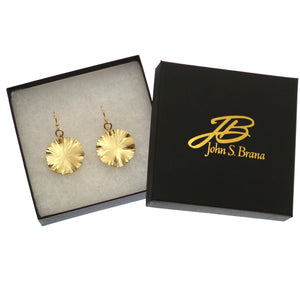 8 of 8: Small Nu Gold Brass Lily Pad Leaf Earrings in Black Gift Box with Gold Logo