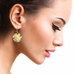 6 of 8: Elegant Woman Wearing Small Nu Gold Brass Lily Pad Leaf Earrings