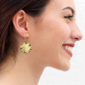 4 of 8: Fashionable Woman Wearing Small Nu Gold Brass Lily Pad Leaf Earrings