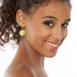 2 of 8: Smiling Woman Wearing Small Nu Gold Brass Lily Pad Leaf Earrings