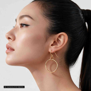 4 of 8: AI generated model with dark hair pulled into a sleek ponytail, shown in profile wearing a 1 Inch Texturized Rim Bronze Hoop Earring. The polished round bronze hoop and textured rim are clearly visible against a clean white background.