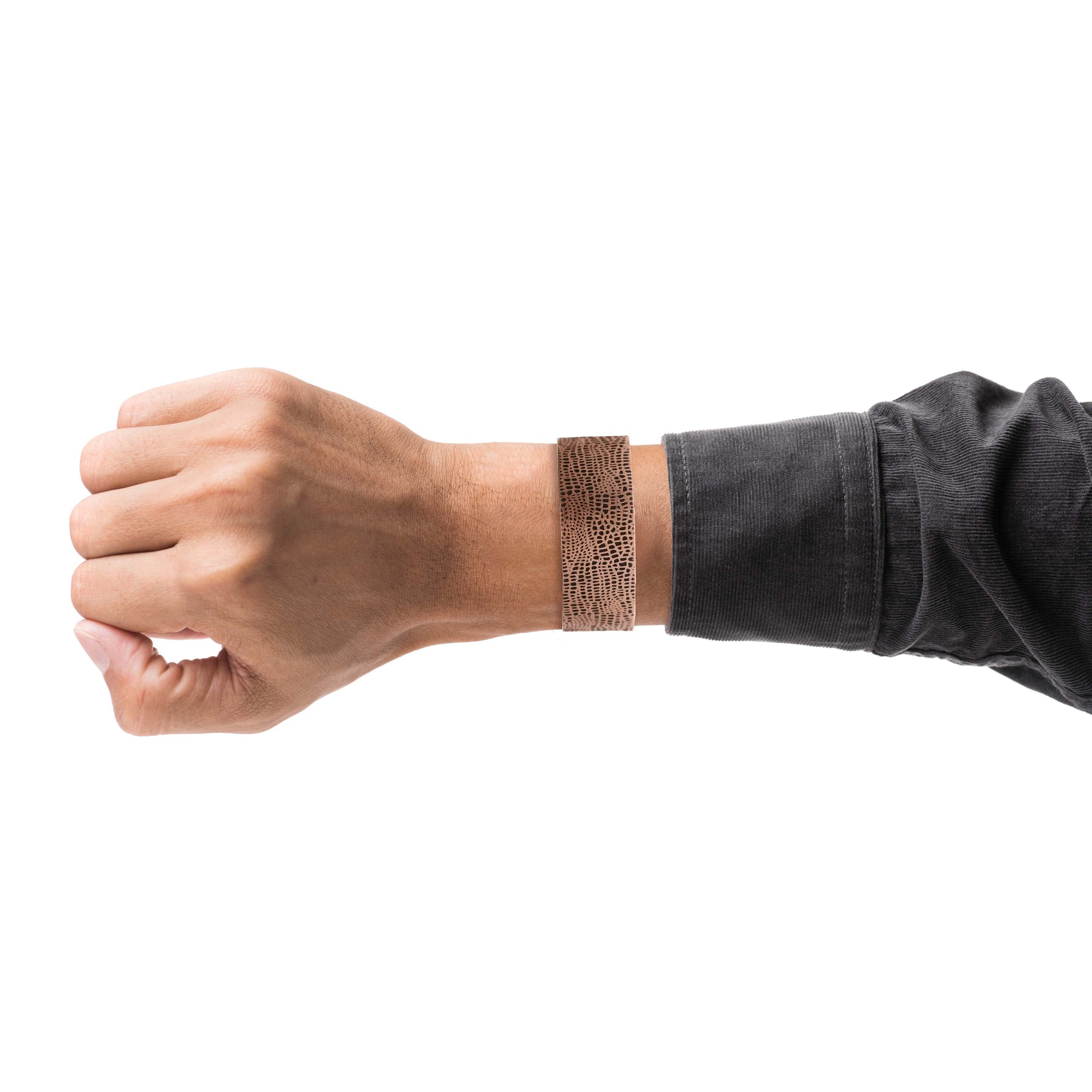 Solid Copper Embossed Sea Fan Men's Cuff  Worn on a Man's Wrist