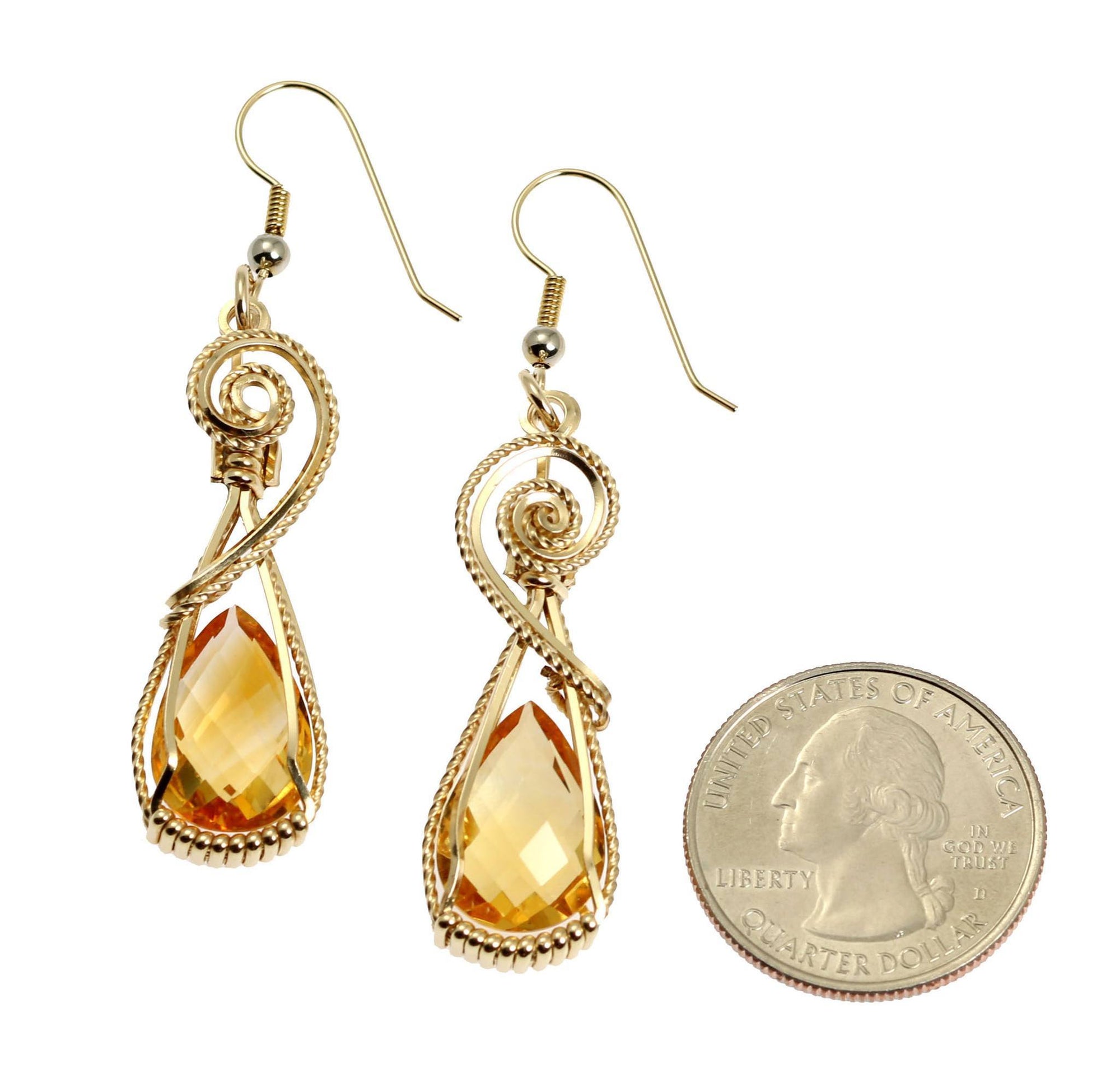 Size of 21 CT Checkerboard Citrine 14K Gold-filled Earrings compared to a US Quarter Coin