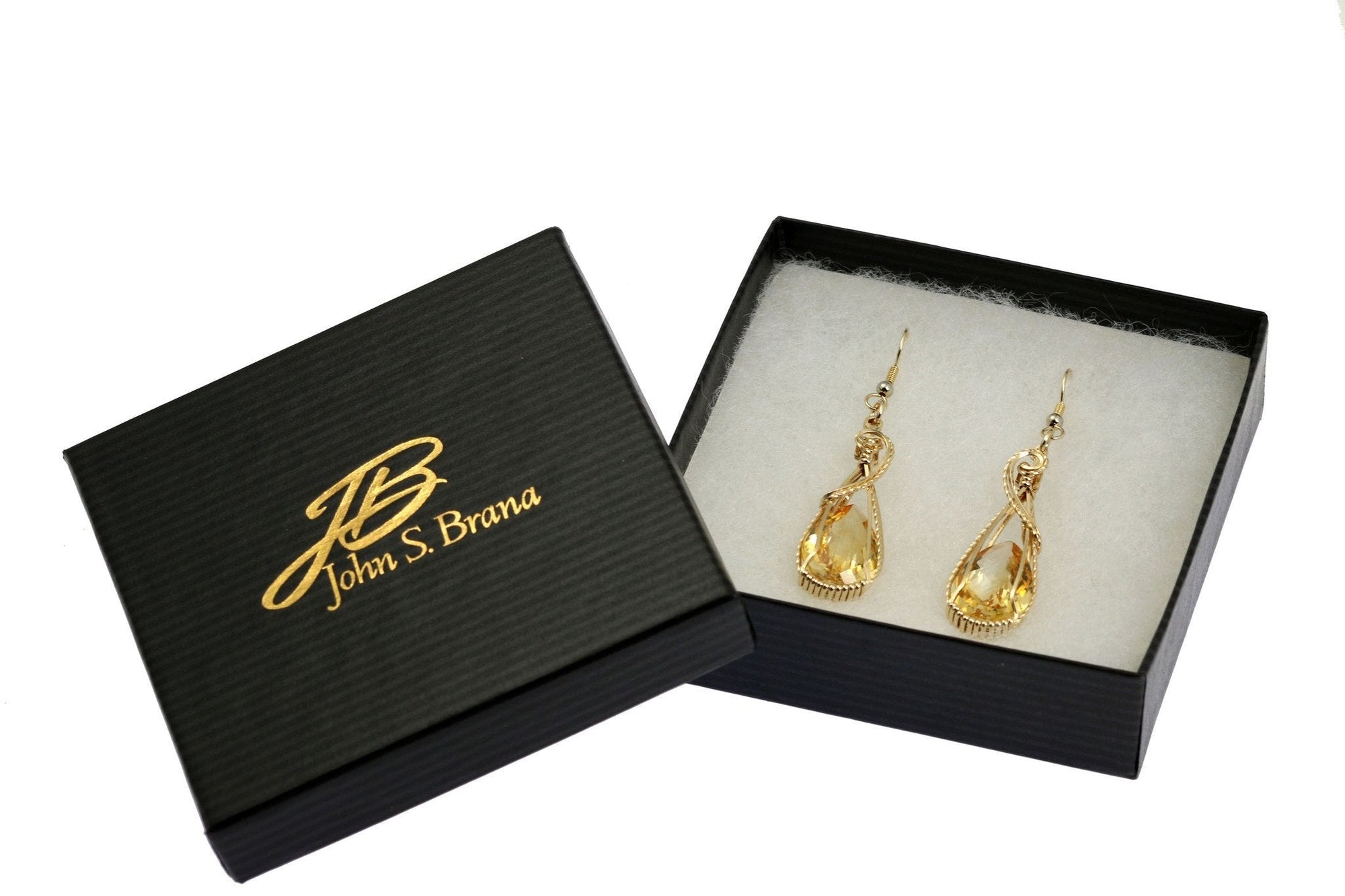 21 CT Citrine 14K Gold-filled Wire Wrapped Earrings in a Black Gift Box with a Gold Logo
