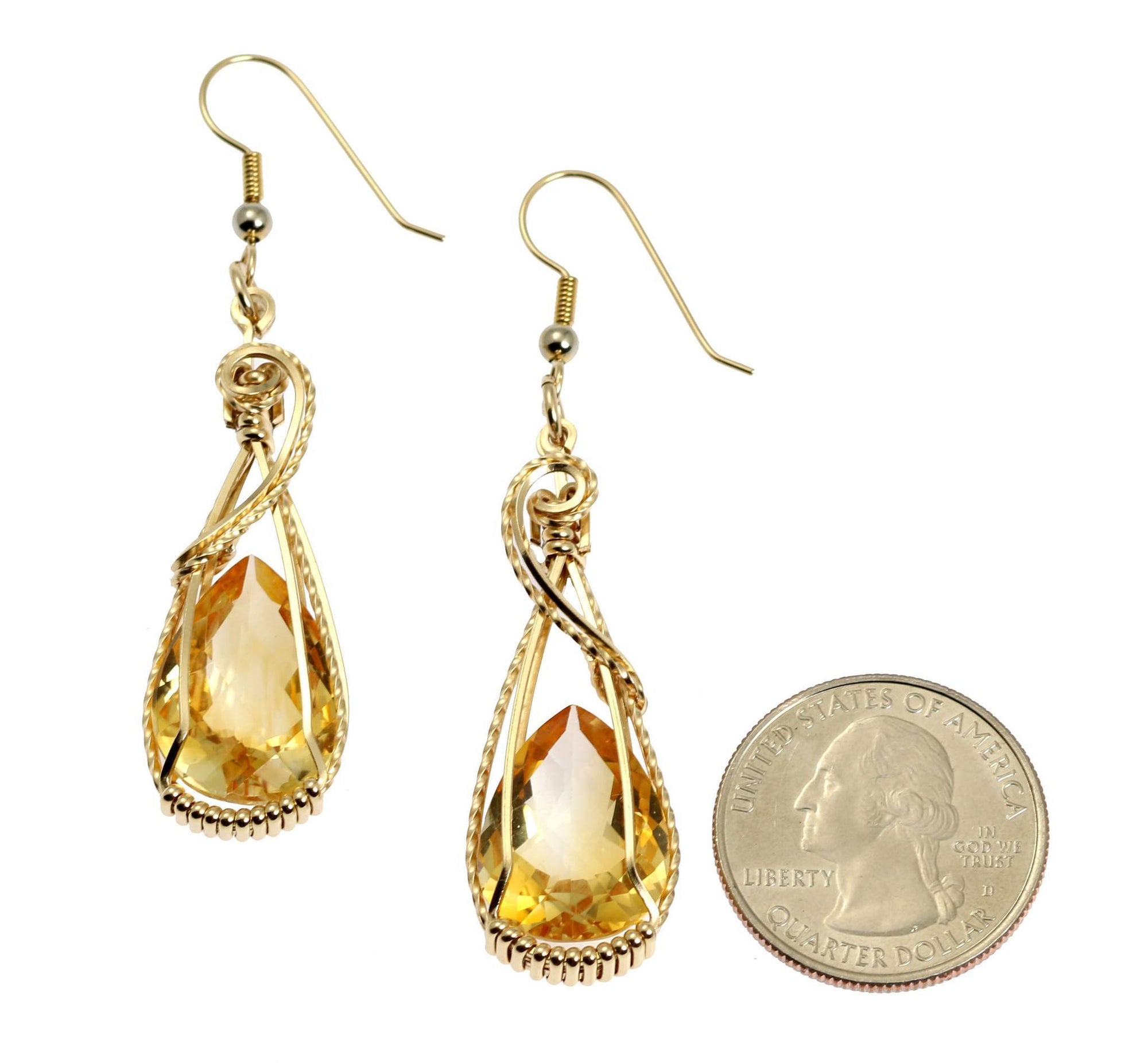 Size of 21 CT Citrine 14K Gold-filled Wire Wrapped Earrings compared to a US Quarter Coin