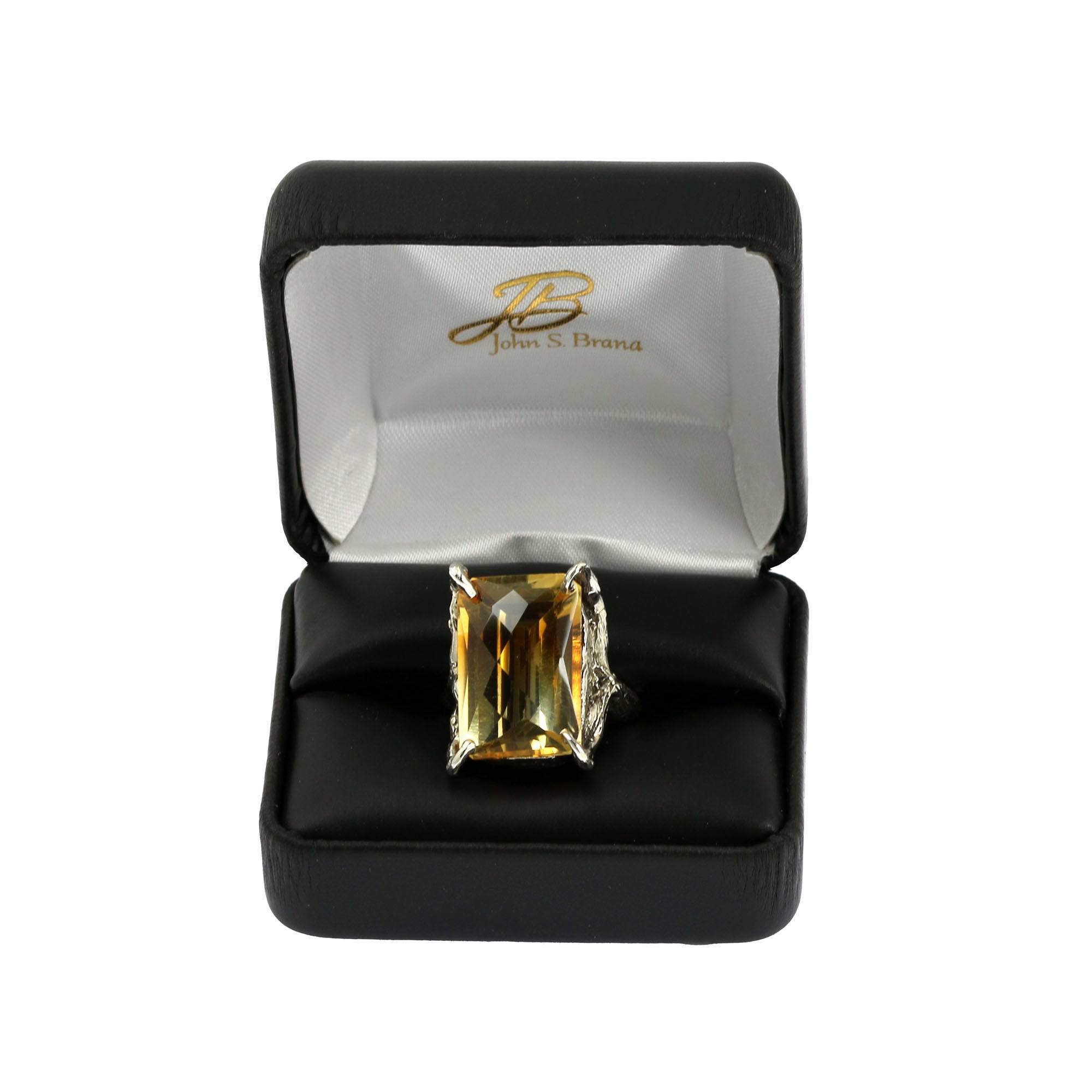 21.5 Ct Checkboard Cut Citrine Silver Cocktail Ring in a Black Gift Box with a Gold Logo