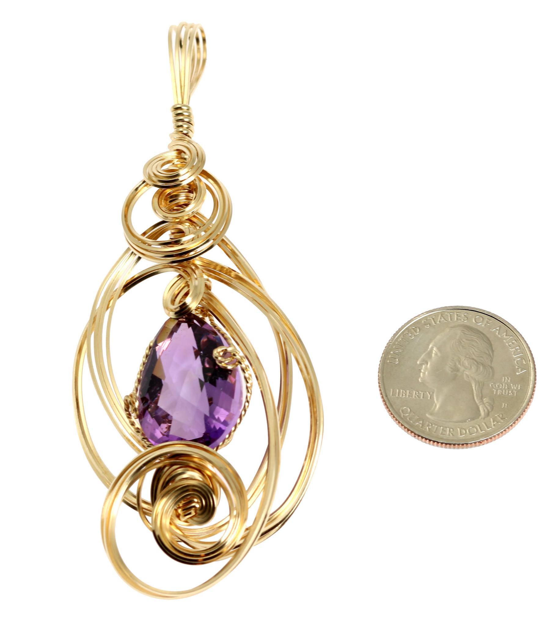 Size of Amethyst 14K Gold-filled Wire Wrapped Pendant compared to a US Quarter Coin