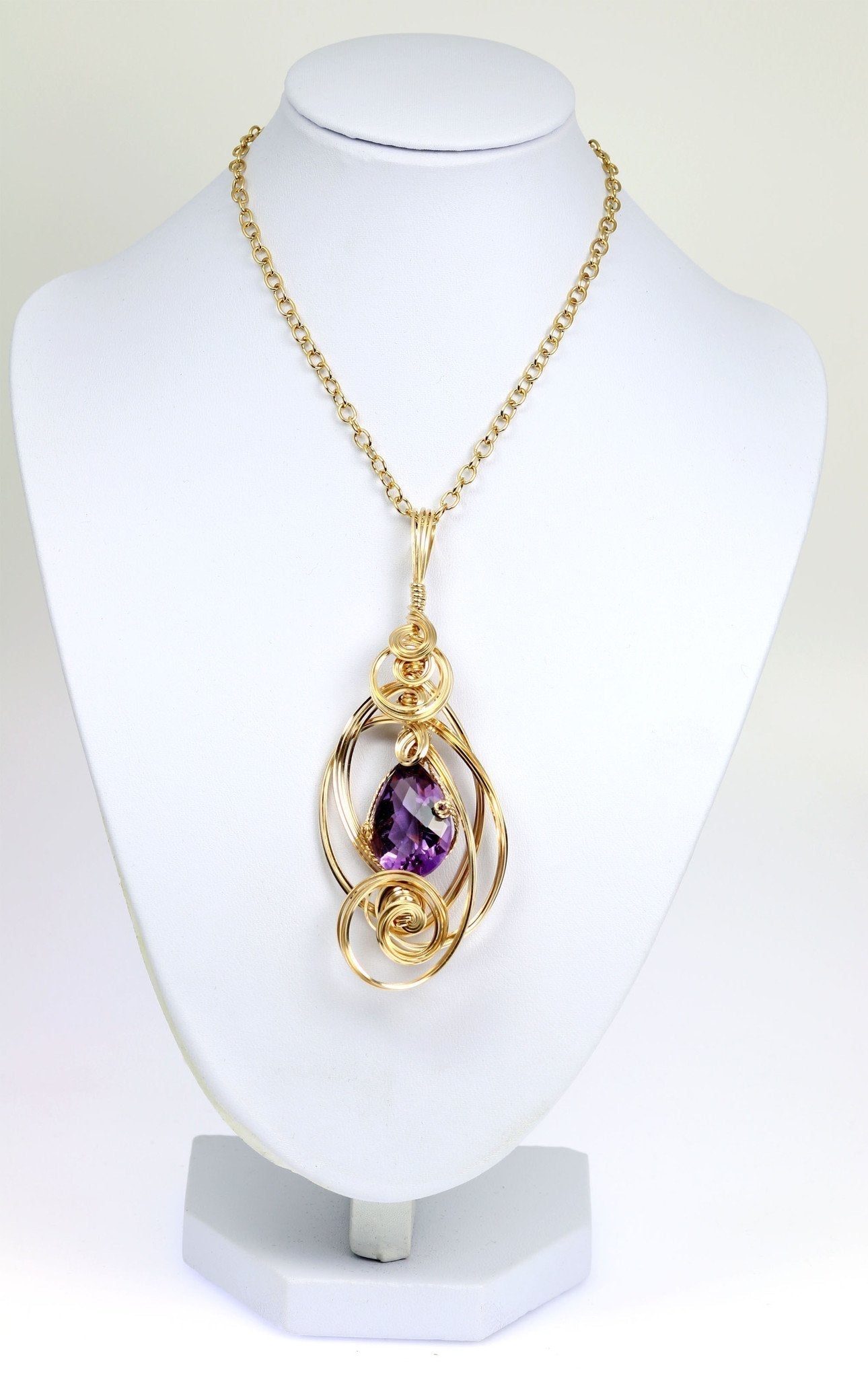 Amethyst 14K Gold-filled Wire Wrapped Pendant With Chain
