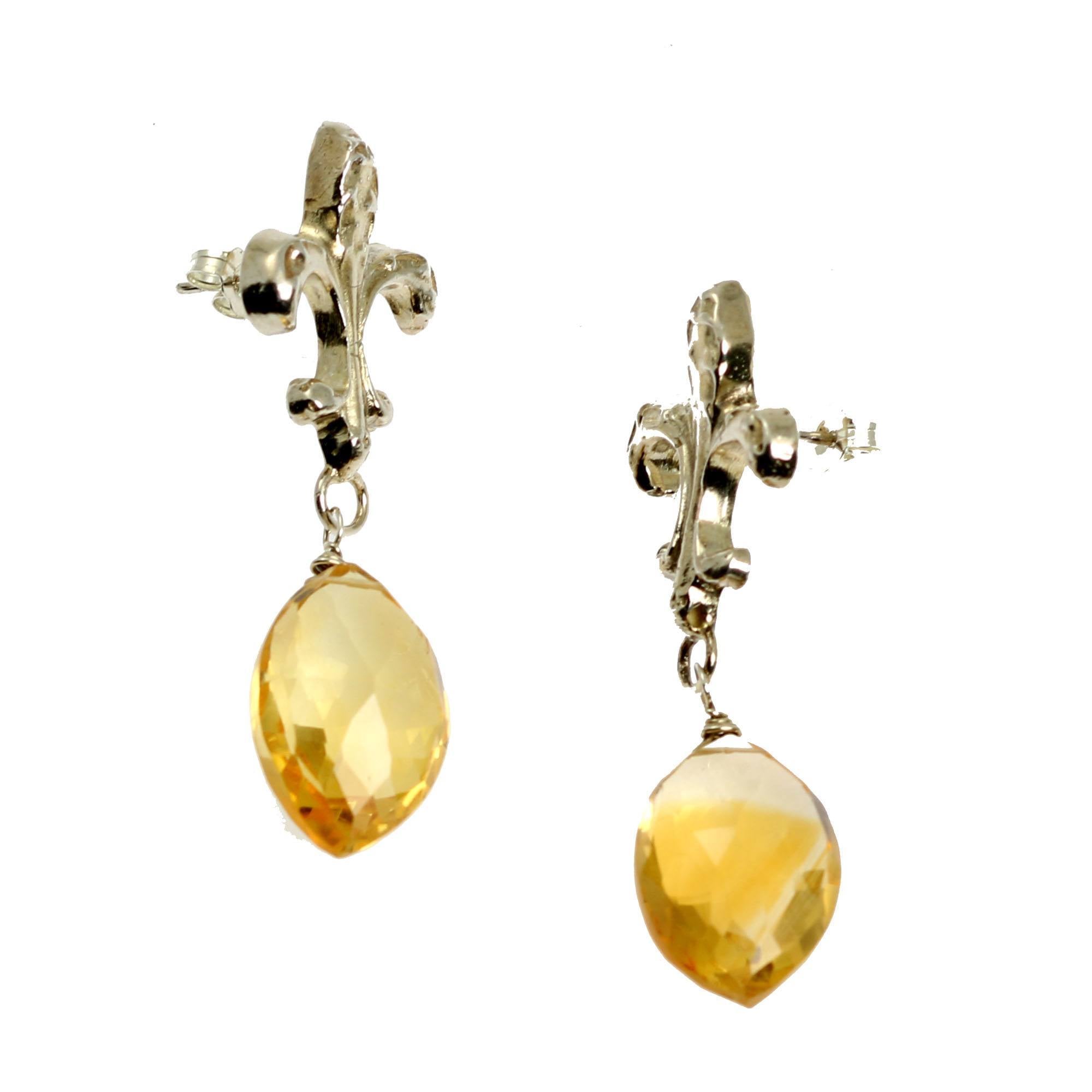 Side View of 23 CT Citrine Sterling Silver Fleur-de-lis Earrings