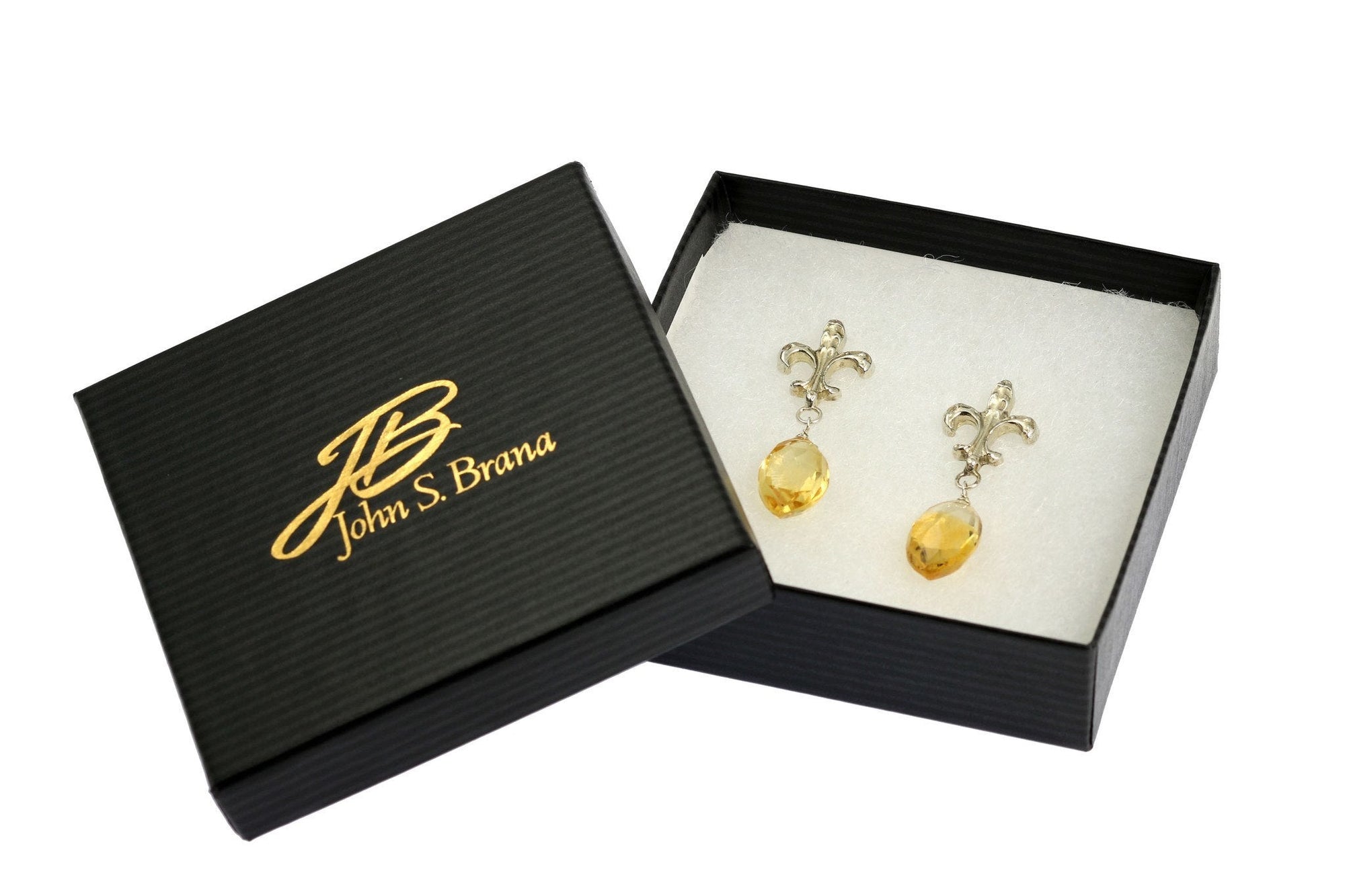 23 CT Citrine Sterling Silver Fleur-de-lis Earrings in a Black Gift Box with Gold Logo