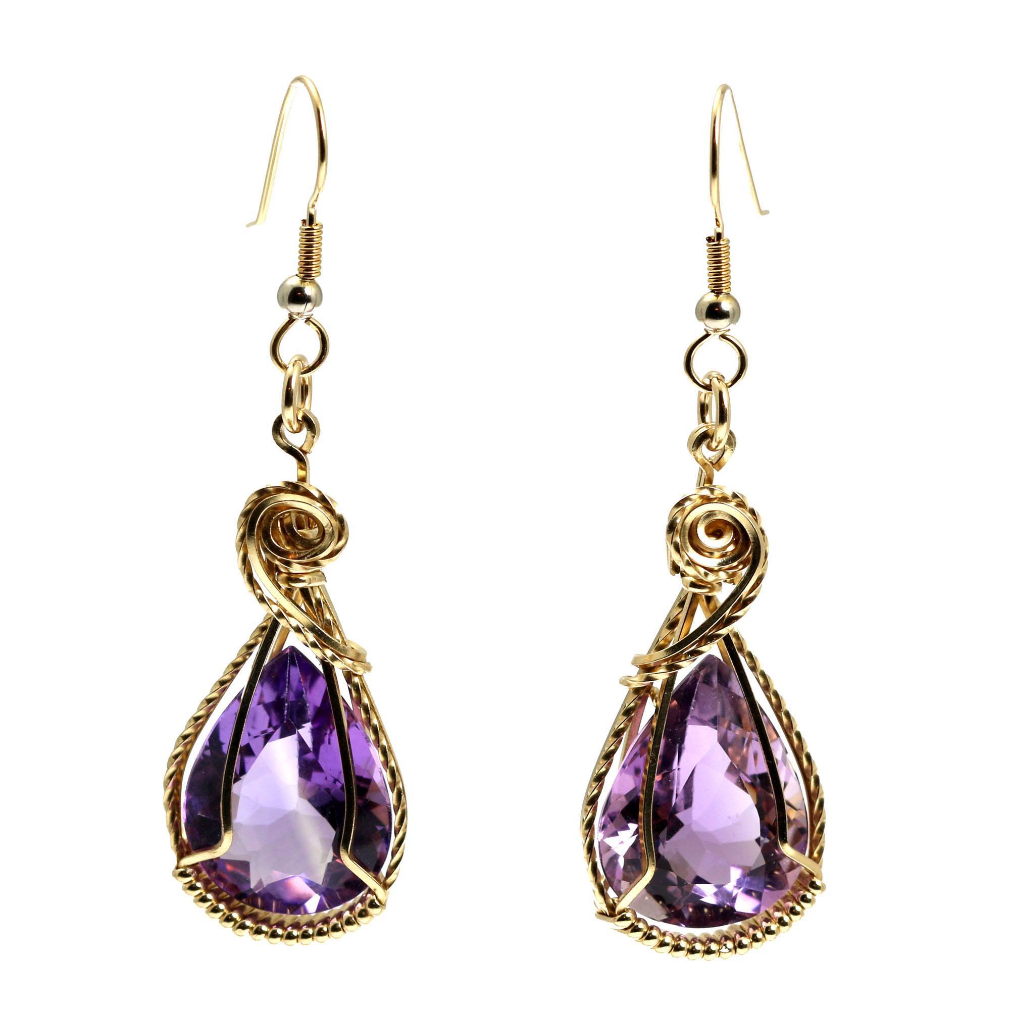 Detail View of 24 CT Amethyst 14K Gold-filled Wire Wrapped Earrings