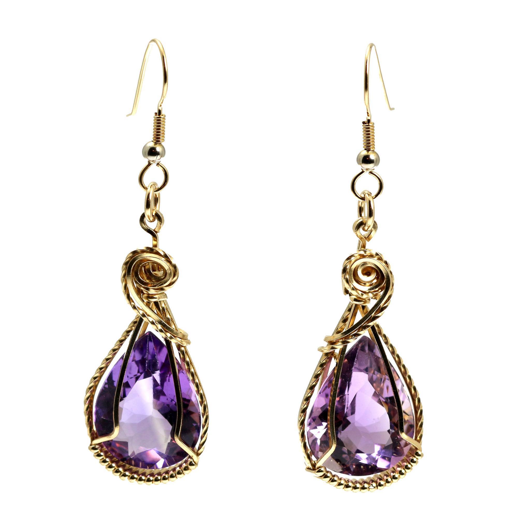 View of 24 CT Amethyst 14K Gold-filled Wire Wrapped Earrings