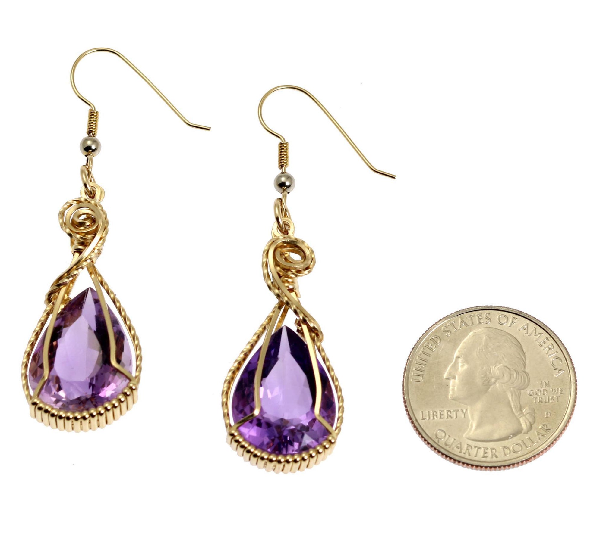 Size of 24 CT Amethyst 14K Gold-filled Wire Wrapped Earrings compared to a US Quarter Coin