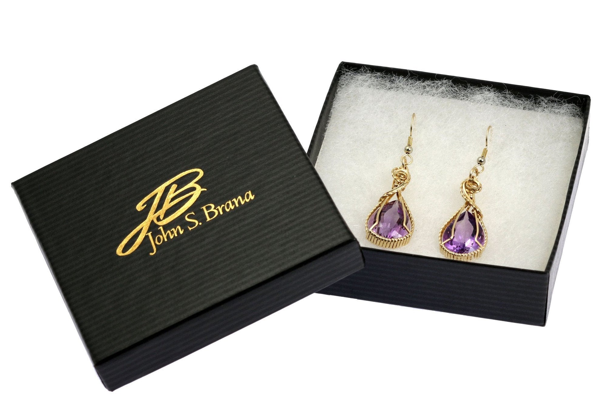 24 CT Amethyst 14K Gold-filled Wire Wrapped Earrings in a Black Gift Box with Gold Logo