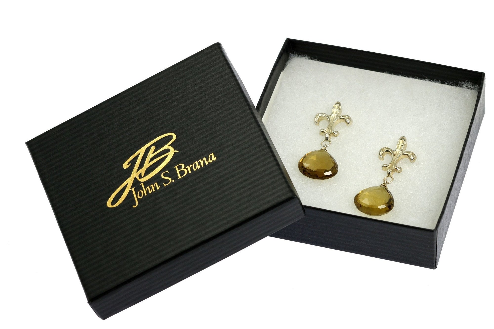 Bear Quartz Sterling Silver Fleur-de-lis Earrings in a Black Gift Box with Gold Logo