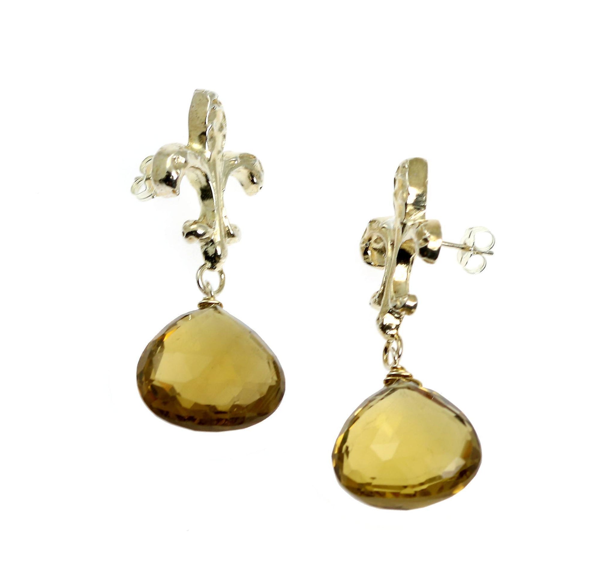 Side View of Bear Quartz Sterling Silver Fleur-de-lis Earrings