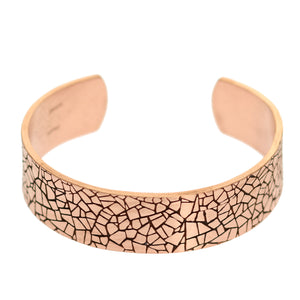 4 of 9: Men's 3/4 Inch Wide Mosaic Embossed Solid Copper Cuff  Laying Flat on White Background