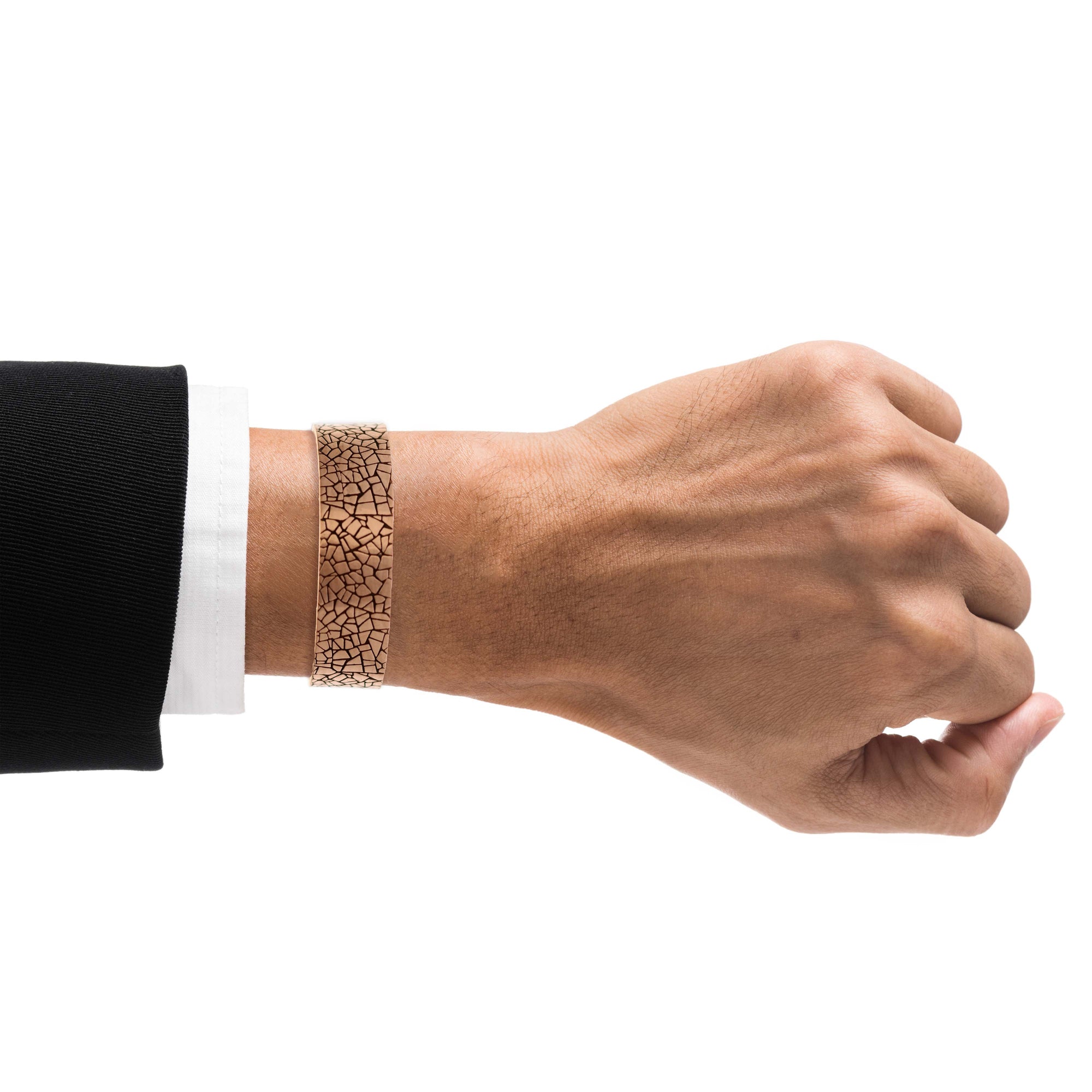 Men's 3/4 Inch Wide Mosaic Embossed Solid Copper Cuff on Man's Wrist
