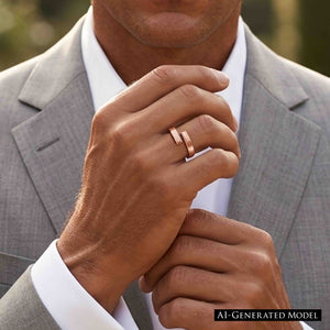 4 of 9: Man wearing a slim bark textured copper bypass ring while dressed in a light gray suit and white shirt. His hand is raised near his collar, showing the open wrap shape and two textured copper ends against a softly blurred outdoor background.  AI Generated Model.