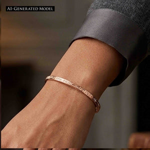 4 of 11: Close-up of a wrist wearing a slim 3.5mm solid copper cuff bracelet with a subtle crosshatch linen texture. The open cuff rests comfortably against the skin, paired with a dark gray shirt cuff, set against a softly blurred indoor background with warm neutral tones.  AI Generated Model.