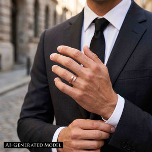 4 of 9: Man in a dark suit, white shirt, and black tie wearing a polished copper bypass ring outdoors. His raised hand displays the slim texturized ring against a softly blurred city background.  AI Generated Model.