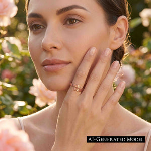 2 of 9: Woman posing in a sunlit garden while wearing the texturized copper bypass ring. Her hand rests near her face, showing the two open textured ends of the warm polished copper band.  AI Generated Model.