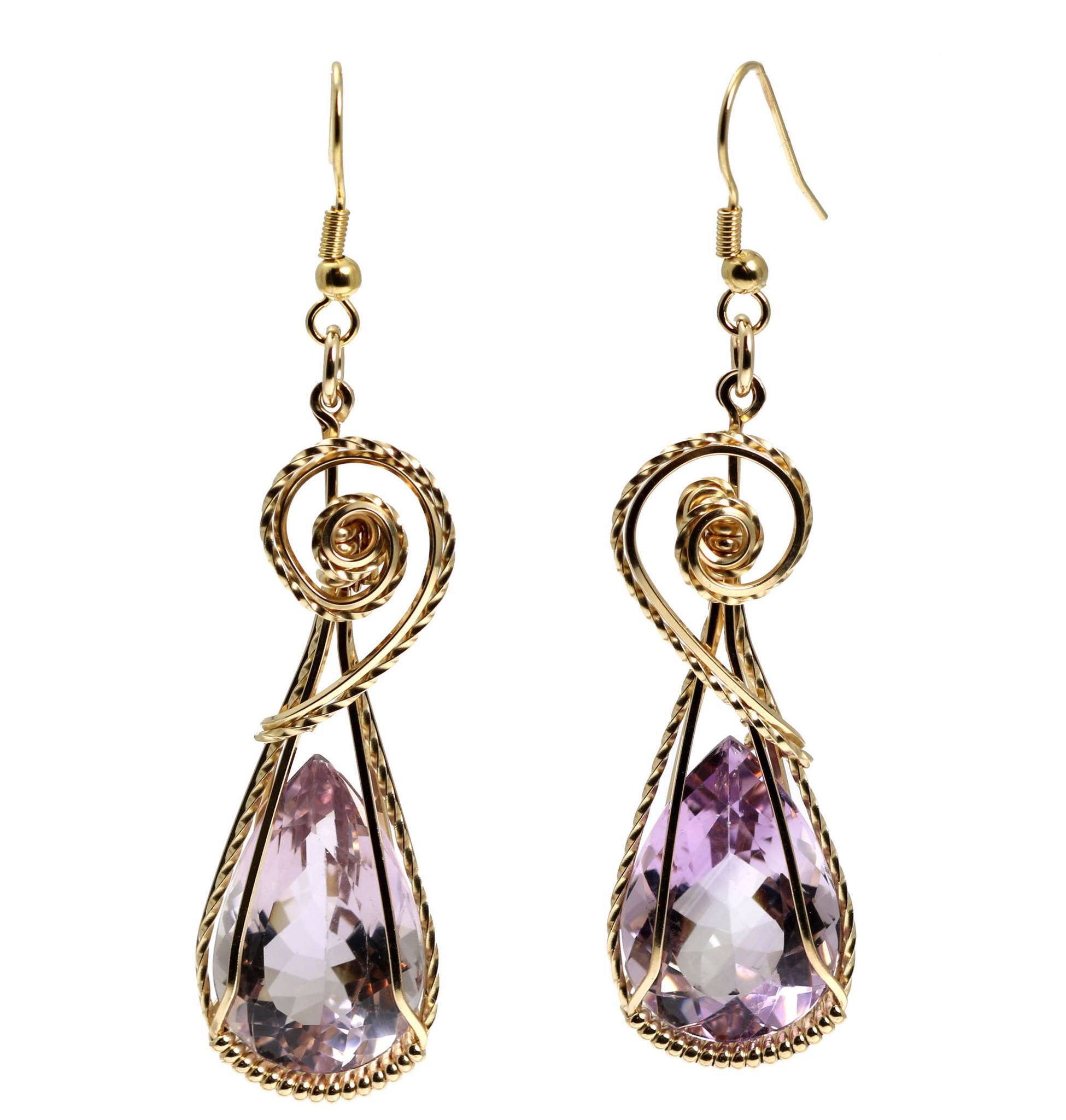 View of 30 CT Amethyst 14K Gold-filled Wire Wrapped Earrings