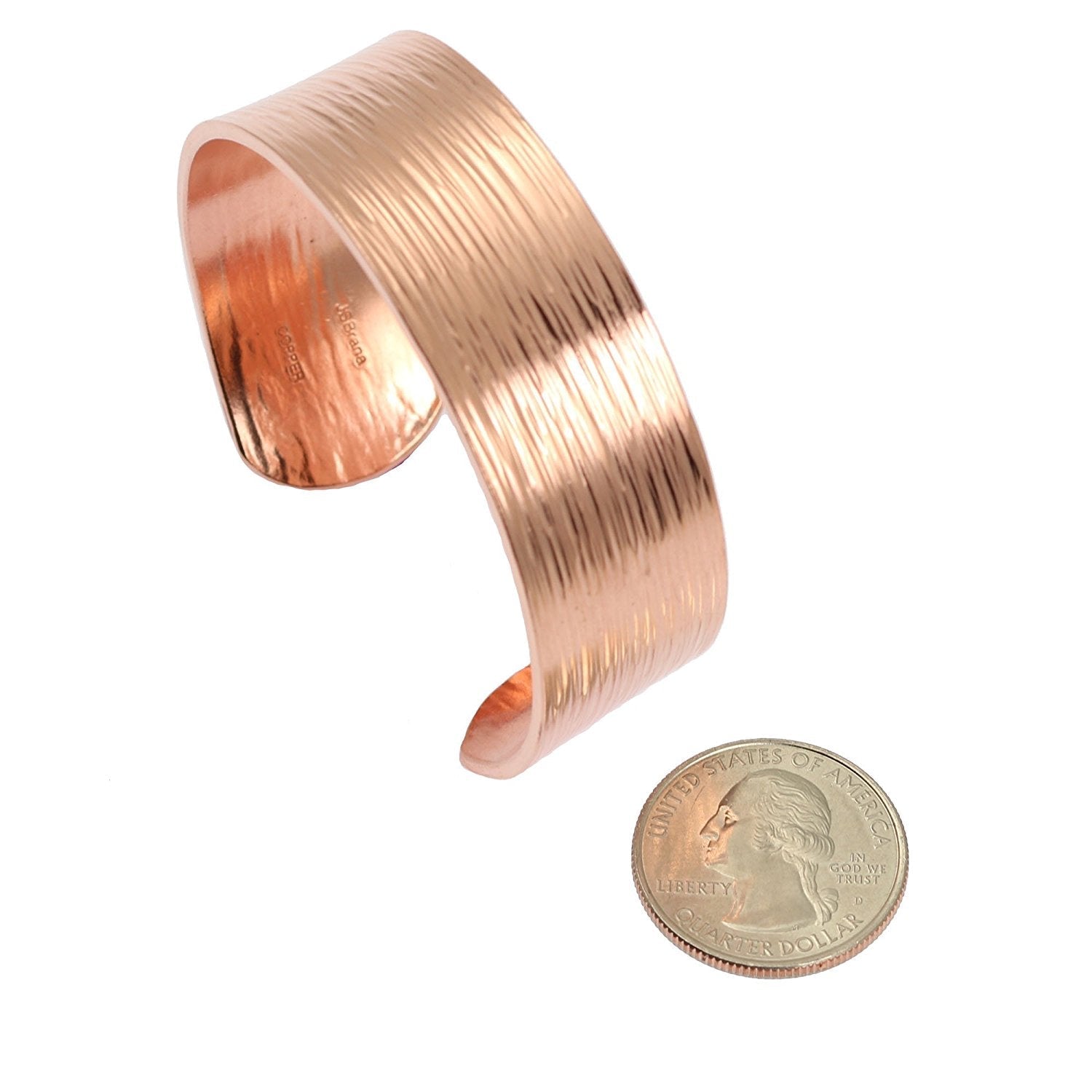 Width of 3/4 Inch Wide Chased Copper Bark Cuff Bracelet compared to a US Quarter Coin