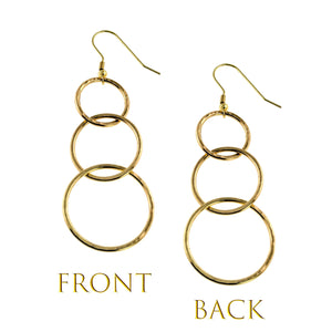3 of 8: Front and back views of the 3 Tiered Hammered Nu Gold Brass Chandelier Earrings, showing three graduated linked circles, polished hand hammered surfaces, and gold tone French ear wires against a clean white background.