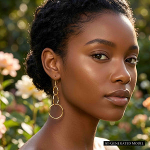 4 of 8: Close view of an ai generated woman with dark hair wearing a 3 Tiered Hammered Nu Gold Brass Chandelier Earring outdoors, showing how the three graduated golden circles hang along the jawline and catch warm natural light against a softly blurred garden background.