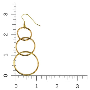 5 of 8: Single 3 Tiered Hammered Nu Gold Brass Chandelier Earring shown beside an inch ruler for scale, measuring about 3 inches long and 1 inch wide, with three graduated round links and a gold tone French ear wire.