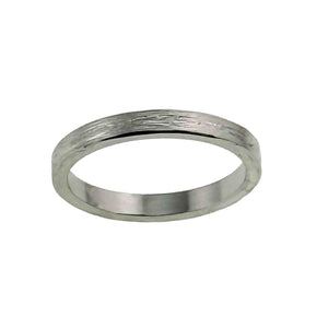 9 of 10: A slim stainless steel ring with a flat band and a hand-carved bark texture on the outer surface. The ring has a polished inner edge and a subtle, organic design that gives it a natural yet modern appearance.