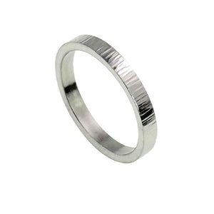 1 of 8: Handcrafted 3mm wide flat stainless steel ring with a vertical hand-chased texture and polished finish, designed in a minimalist unisex style.