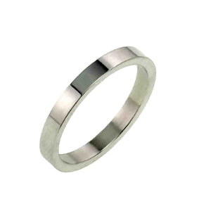 7 of 9: Angled product view of a polished stainless steel flat band ring on a white background. The slim ring has a narrow width, crisp straight edges, and flat inner and outer surfaces with a bright mirror finish. Its clean silver tone and simple unisex design give it a modern minimalist look that works well for everyday wear, stacking, wedding bands, engagement rings, or 11th anniversary gifts.