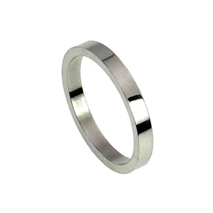 1 of 9: Polished stainless steel flat band ring shown at an angle on a white background. The slim ring has a smooth, mirror like finish with flat inner and outer surfaces, creating a clean modern look. Its narrow profile and bright silver tone give it a simple unisex style suited for everyday wear, wedding bands, engagement rings, or anniversary jewelry.