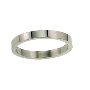 3 of 9: Front view of a polished stainless steel flat band ring on a white background. The slim ring has a narrow width, straight edges, and flat inner and outer surfaces with a bright reflective finish. Its clean silver tone and simple unisex design give it a modern minimalist look, making it a fitting choice for everyday wear, wedding bands, engagement rings, or anniversary gifts.