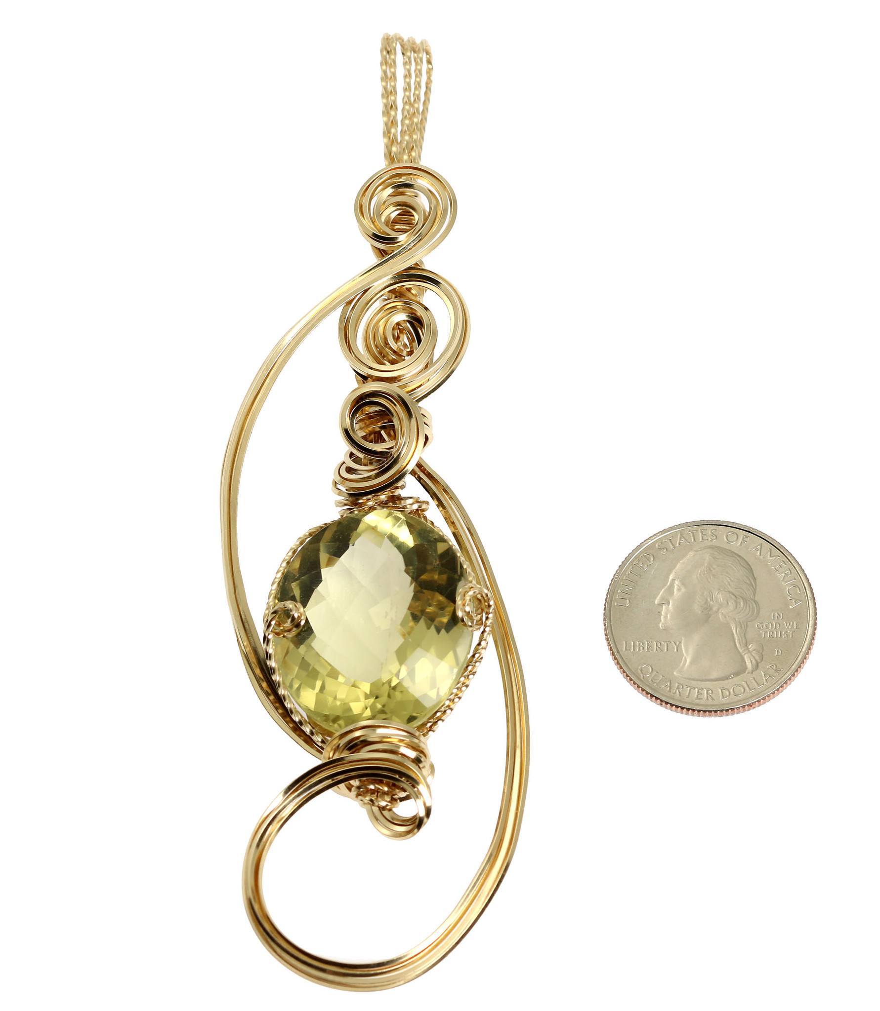 Gold Quartz 14K Gold-Filled Wire Wrapped Pendant compared to a US Quarter Coin for Size Dimensions