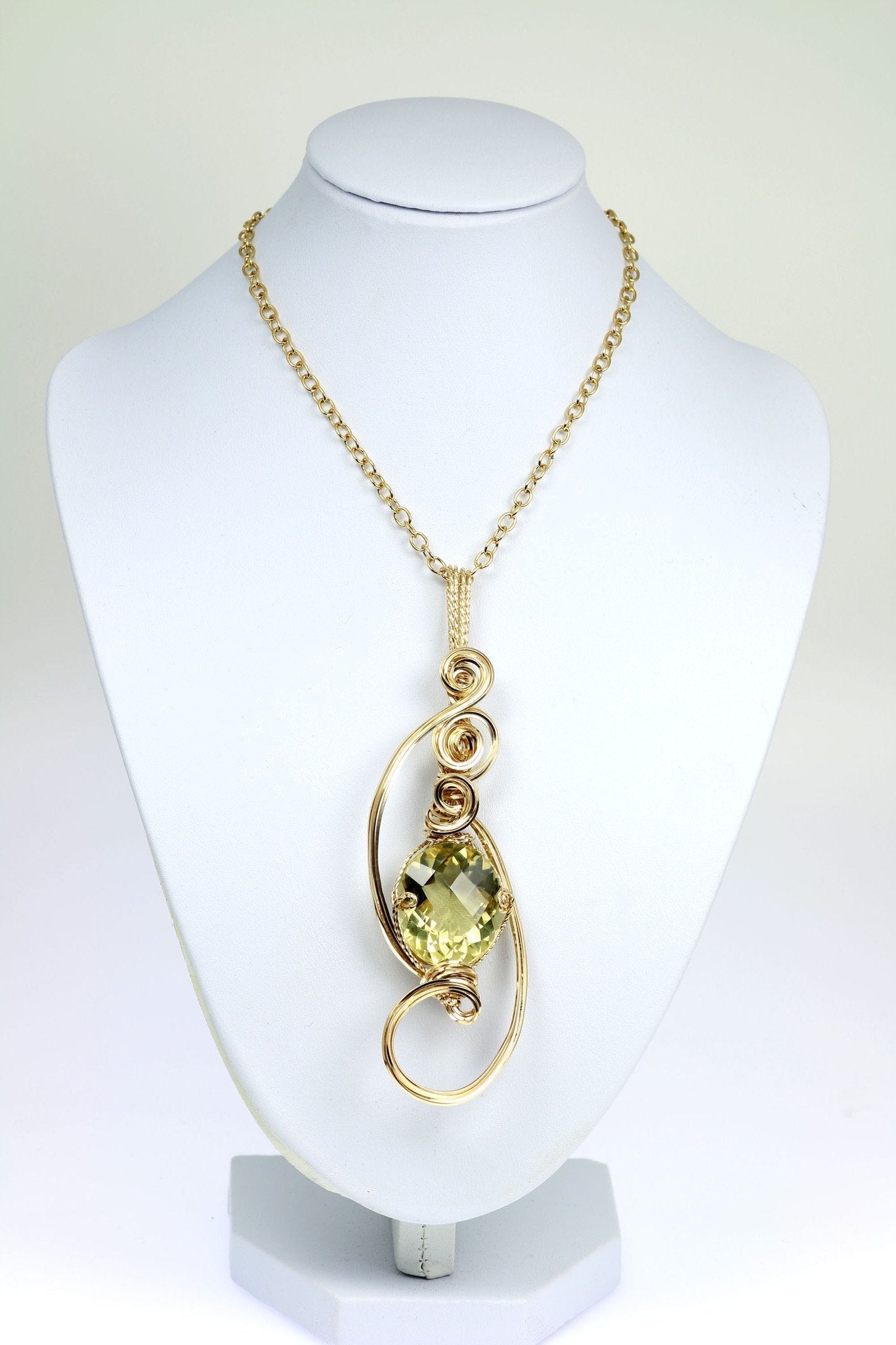 Green Gold Quartz 14K Gold-Filled Wrapped Pendant with Chain on a White Neck Display
