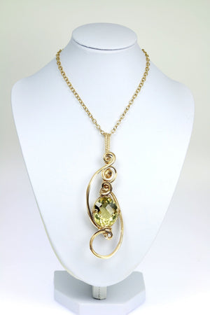 3 of 4: Green Gold Quartz 14K Gold-Filled Wrapped Pendant with Chain on a White Neck Display