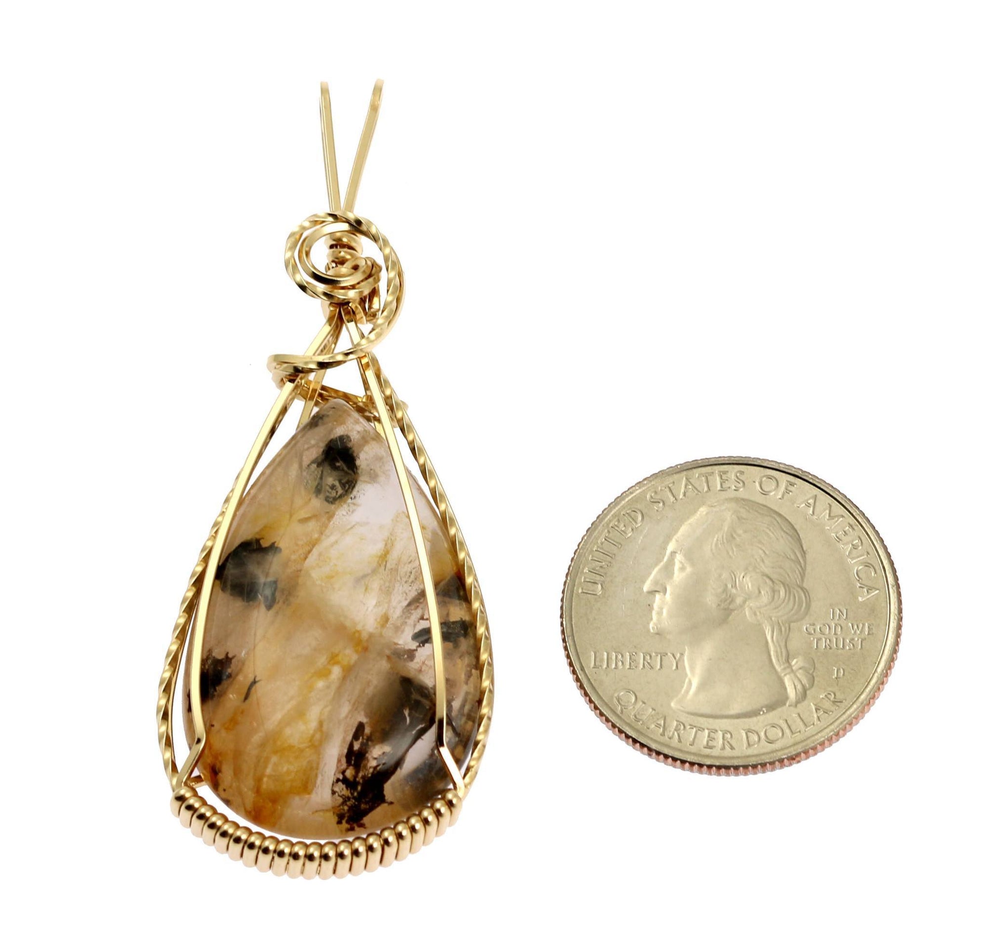 Size of Dendritic Quartz 14K Gold-filled Wire Wrapped Pendant compared to a US Quarter Coin
