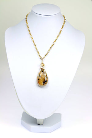 3 of 4: Dendritic Quartz 14K Gold-filled Wrapped Pendant with Chain on a White Neck Display
