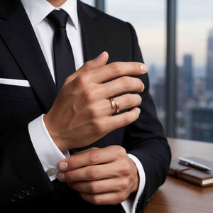 8 of 9: Close up of a hand wearing a slim bronze bypass ring on the ring finger, styled with a dark suit and white shirt cuff. The open band wraps around with two straight ends that nearly meet, showing a subtle bark texture and warm polished bronze finish. The office setting and tailored look give the handcrafted ring a clean, modern, unisex feel.