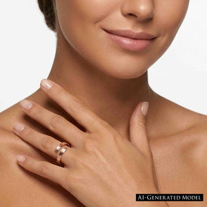 6 of 9: Close up of a woman’s lower face, neck, and hand wearing a slim bronze bypass ring on her ring finger. The open band wraps around with two ends that nearly meet, showing a soft bark texture and warm polished bronze shine. Her hand rests gently on her shoulder against a clean light background, giving the ring an elegant, modern look.  AI Generated Model.