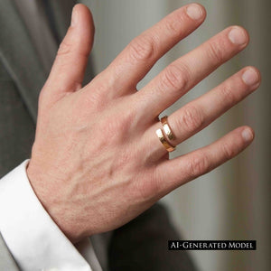 6 of 9: An adult man's hand with a white shirt cuff wears the polished hammered bronze bypass ring on the ring finger. The warm metal contrasts with a softly blurred gray background. An AI generated model label appears at the lower right.