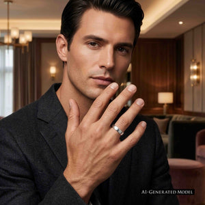 6 of 10: A man in a dark blazer raises his left hand near his face to show a slim hammered stainless steel ring on his ring finger. The warm indoor setting and dark clothing draw attention to the ring’s bright mirror finish. An AI generated model notice appears at the lower right.