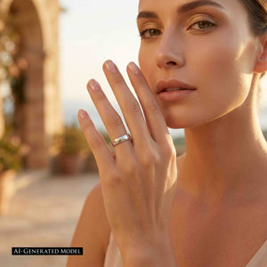 8 of 10: A woman poses outdoors in warm golden light while holding her left hand near her face. A polished hammered stainless steel ring is shown on her ring finger, where its silver tone stands out against her soft neutral clothing. An AI generated model notice appears at the lower left.