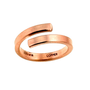 5 of 9: Studio image of the inside of the 4mm matte copper bypass ring, showing the engraved markings "JSBRANA" and "COPPER" on the inner band.